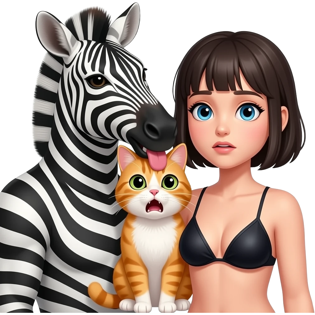 human zebra male biting the cat human neck. a human girl cat wearing black bikini and a short hair. make the cat scared emoji