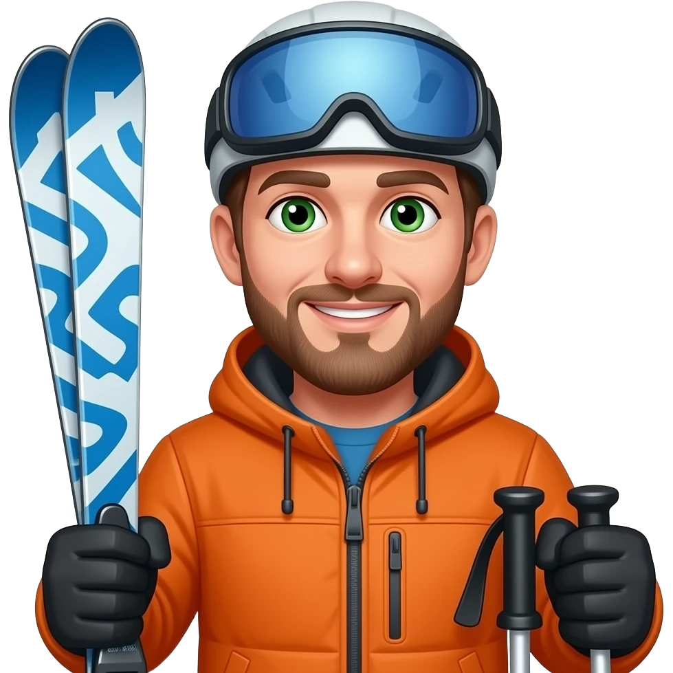 man holding blue and white patterned skis in one hand and poles in the other, no helment, green eyes, organge jacket emoji
