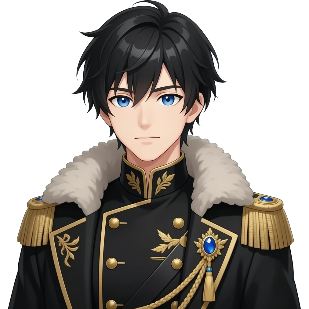 handsome muscular anime noble, jet black layered hair, piercing ocean-blue eyes, pale skin, sharp aristocratic features, wearing black navy high-collared military-style uniform with gold embroidery, gold-trimmed cuffs, gold-trimmed cuffs, gold epaulette with blue gemstone brooch & wool-collared coat emoji