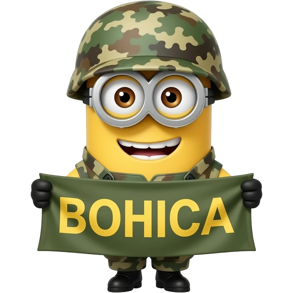 Minion in army fatigues holding Banner Text BOHICA emoji