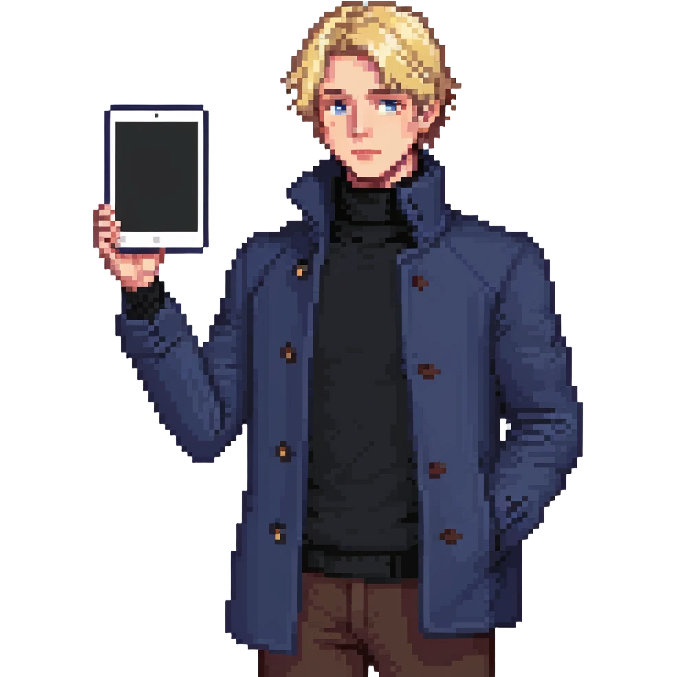 Flat pixel art, bold and charismatic male leader, Caucasian, short neat blonde hair, sharp eyes, indigo coat over black turtleneck, one arm raised pointing out, holding tablet, waist-up, front-facing emoji