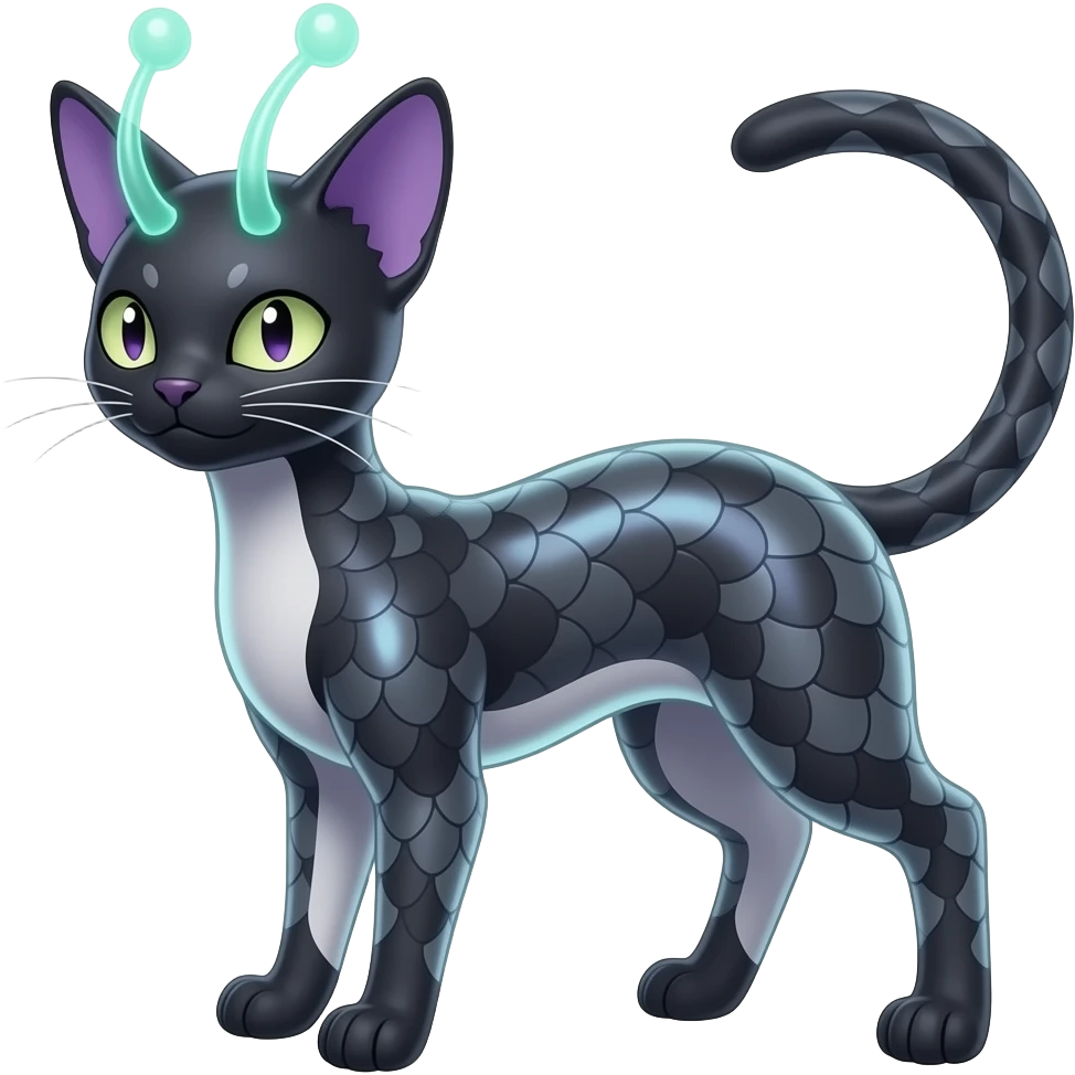 Abyssinian bioluminescent translucent dark, scaly furry oil-blackish oily greyish, purplish, whitish abyss-fantasy-Zorua-Sprigatito-Absol-feline-Fakémon-fusion, with thin neon-glowing bulb-antennae-whiskers, full body emoji