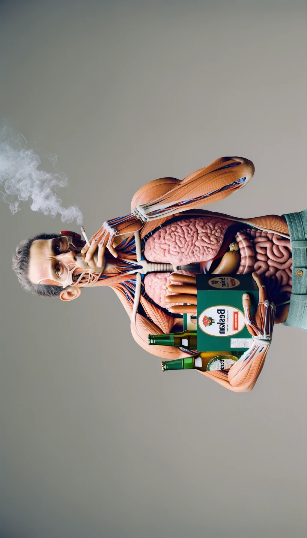CORPO UMANO ANATOMICO TIENE UNA SIGARETTA IN BOCCA E STA FUMANDO MENTRE TIENE TRA LE BRACCIA UNA BIRRA E WURSTEL CONFEZIONATI, LI GUARDA CON ESPRESSIONE INDECISA IN VOLTO, NEUTRAL CLEAR BACKGROUND, iperrealistico 4k emoji