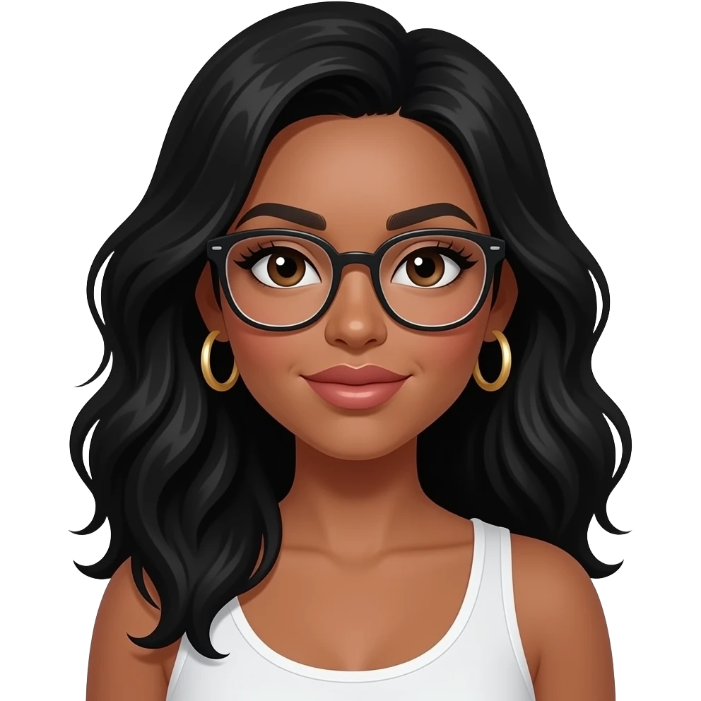 white girl, tan skin , very beautiful woman, with big plump lips, long long lashes, black wavy long hair, brown eyes, white tank top, gold hoop earrings and glasses emoji