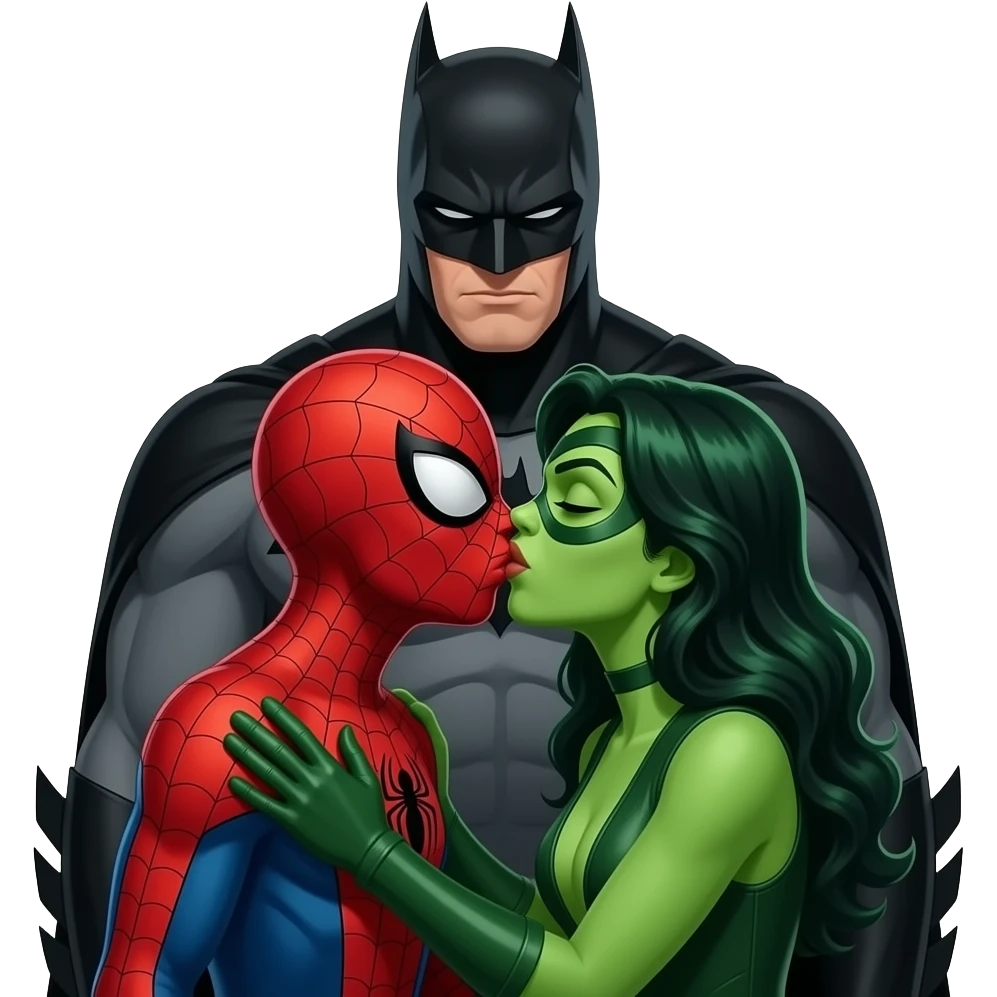 Spider man and hulk woman kiss kiss creepy, batman behind her. bust size view emoji