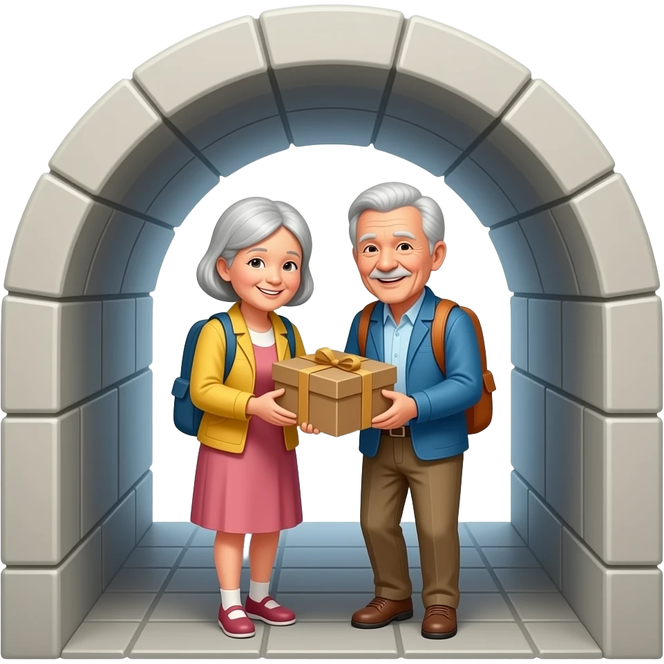 tee kuva, jossa kaksi iäkästä turistia konttaa tunnelissa emoji