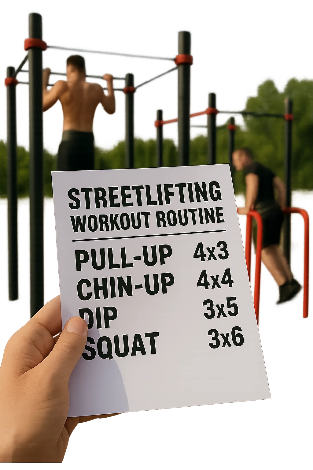 a close-up of a hand holding a printed streetlifting workout routine, with the exercises and sets written in bold text. In the background, an outdoor gym with pull-up bars, dip stations, and athletes wearing weighted belts. The lighting is natural, and the mood is motivational. emoji
