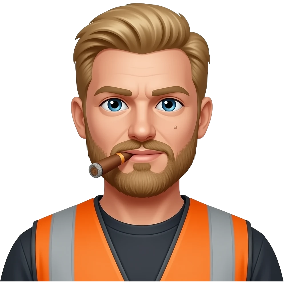 Big Blonde hair Guy with a beard and mole on cheek , smoking a cigar Wearing a construction vest emoji
