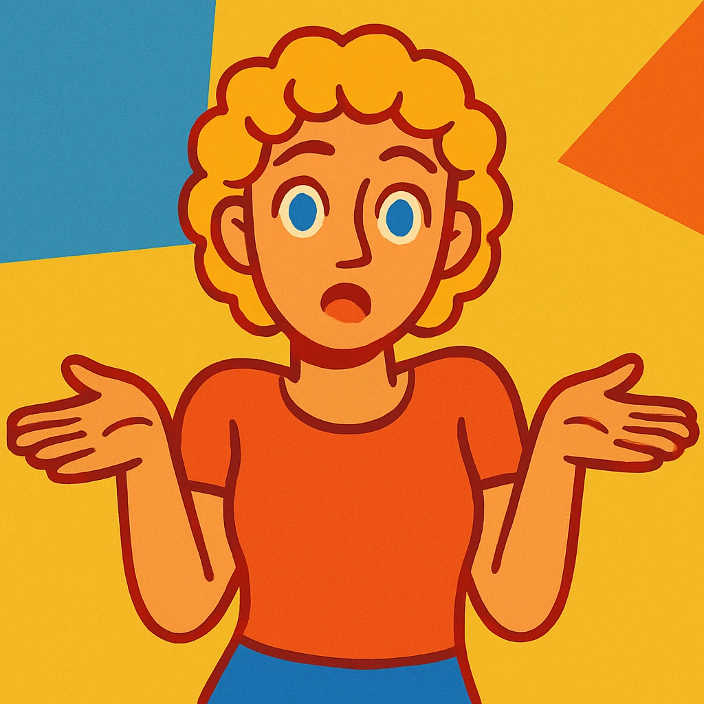 woman with short curly blonde hair and blue eyes, shrugging, modern illustration style emoji