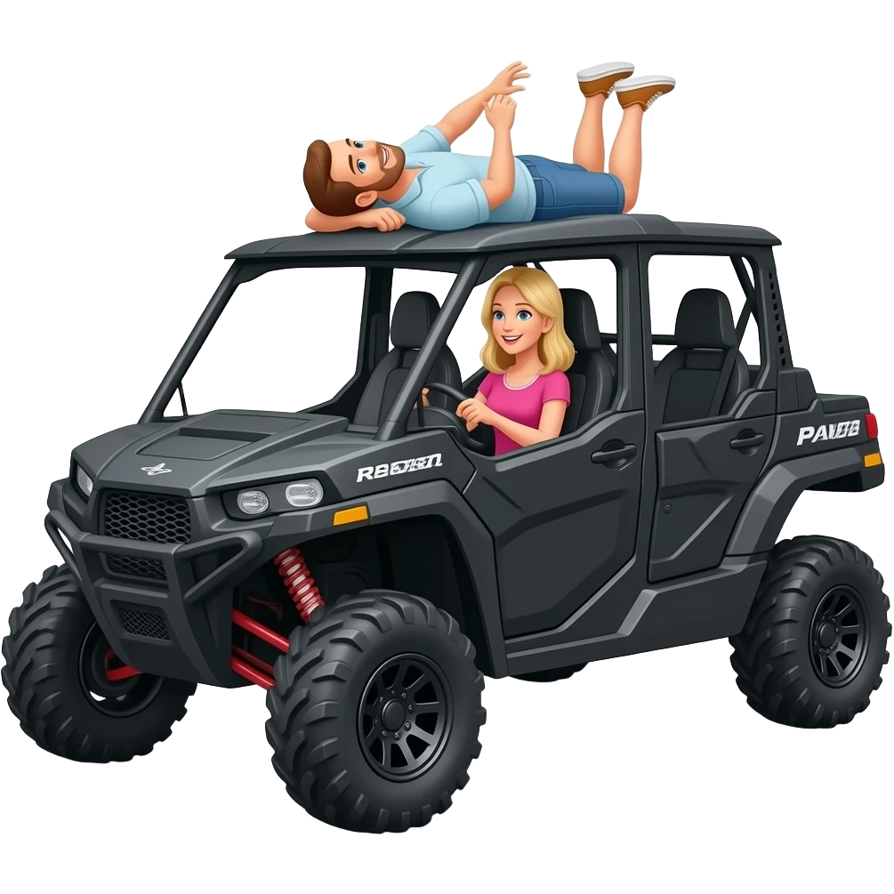 Black Utv 4 door Polaris ranger sxs  lifted super high with mom (blonde) and driving  and dad laying on top of roof  on his belly playing emoji