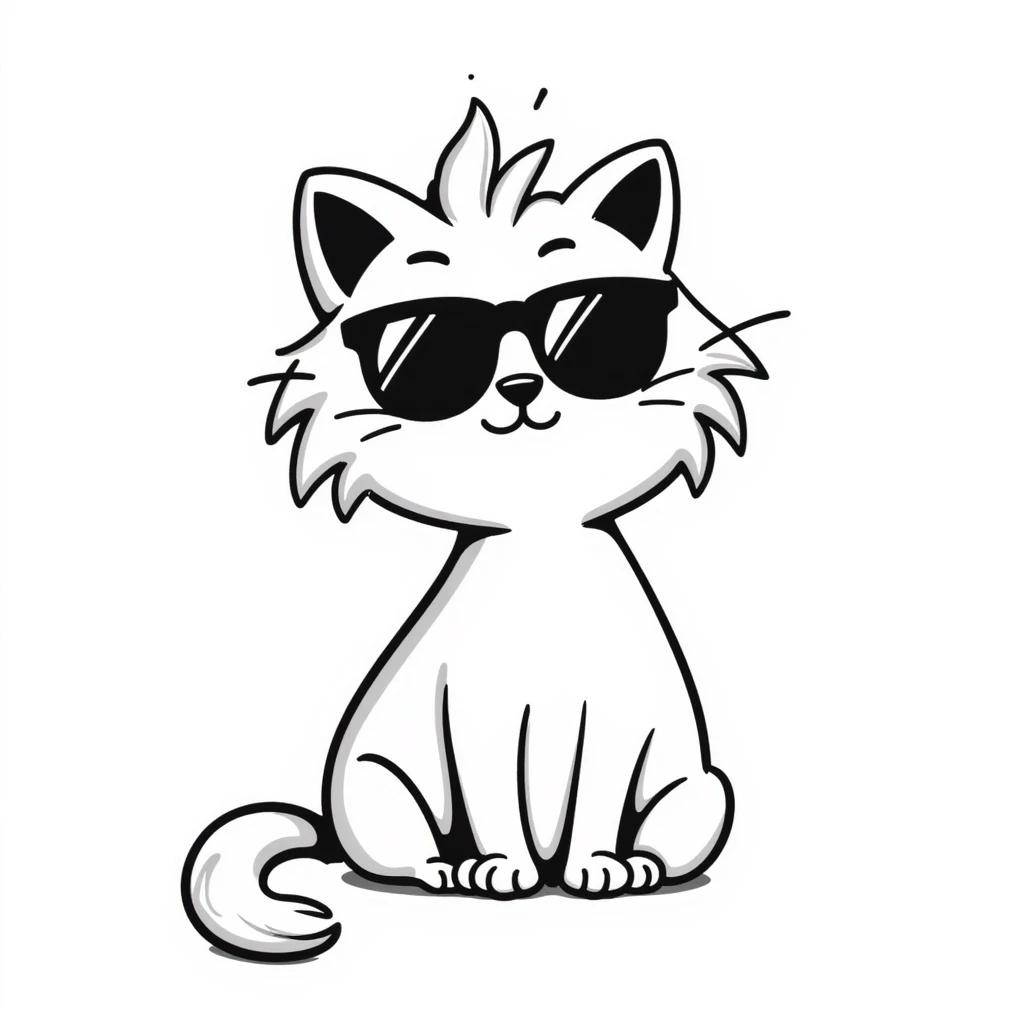 white long-haired cat with black sunglasses, hand-drawn doodle style emoji