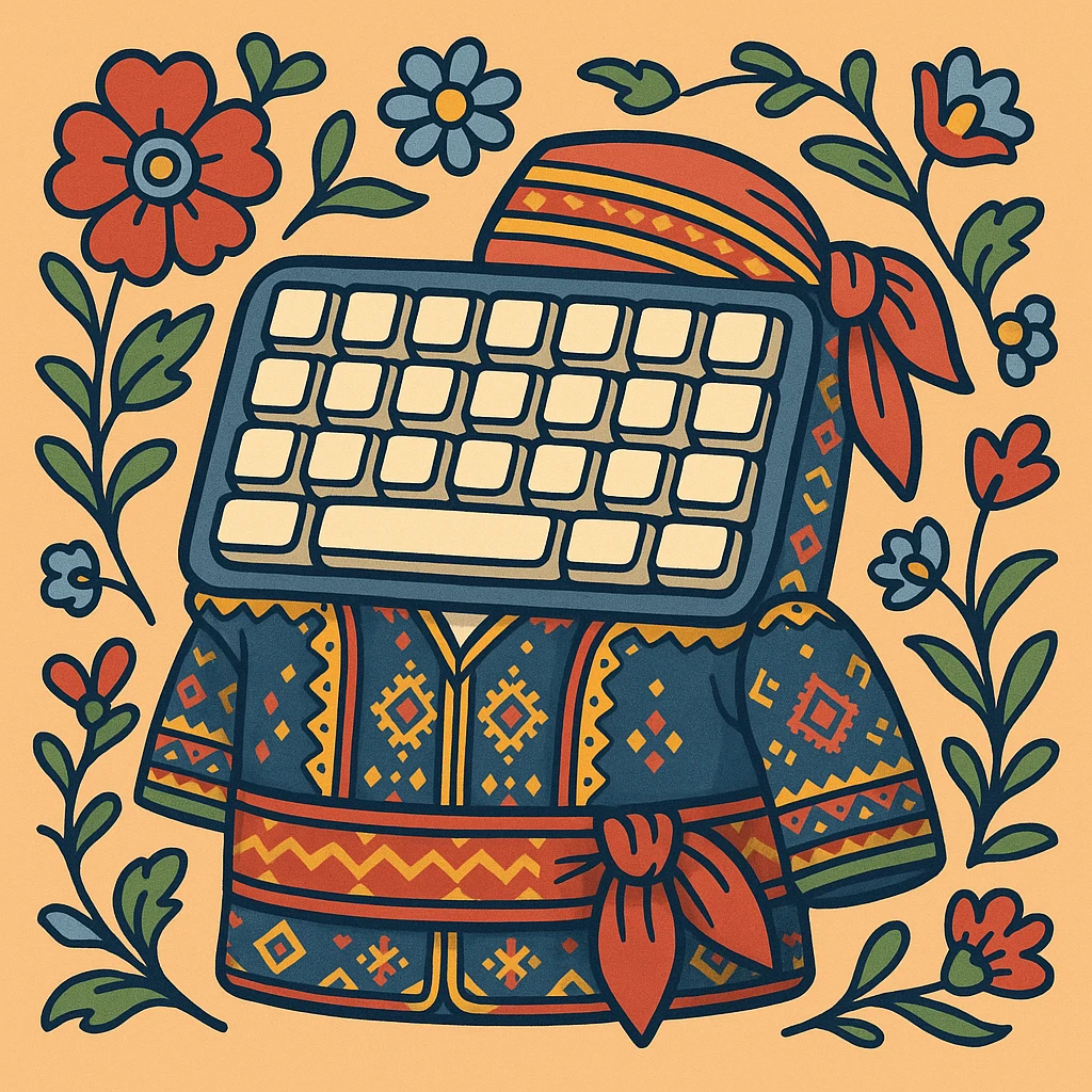 cartoon keyboard theme inspired by traditional Kurdish clothing, background with Kurdish floral patterns and bright colors, keys with soft cartoonish borders emoji