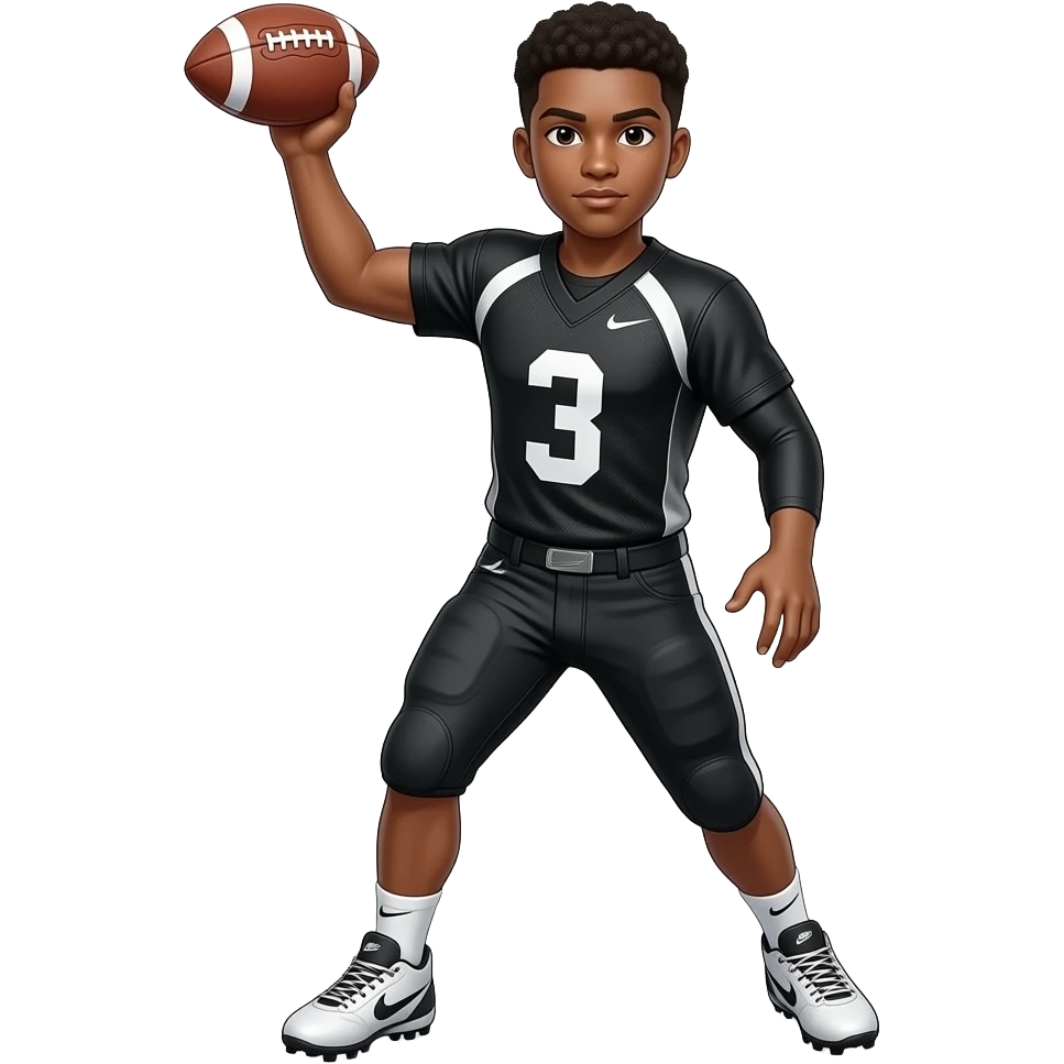 Brown skin teenager with black and white jersey #3 black and white shorts #3 Nike cleats black arm sleeve throwing the football emoji