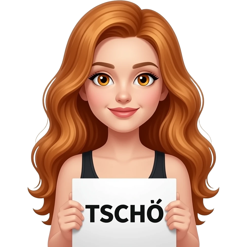 sexy girl with long wavy ginger hair and ginger eyes wearing a black tanktop is holding a white colored sign with TSCHÖ written on it emoji
