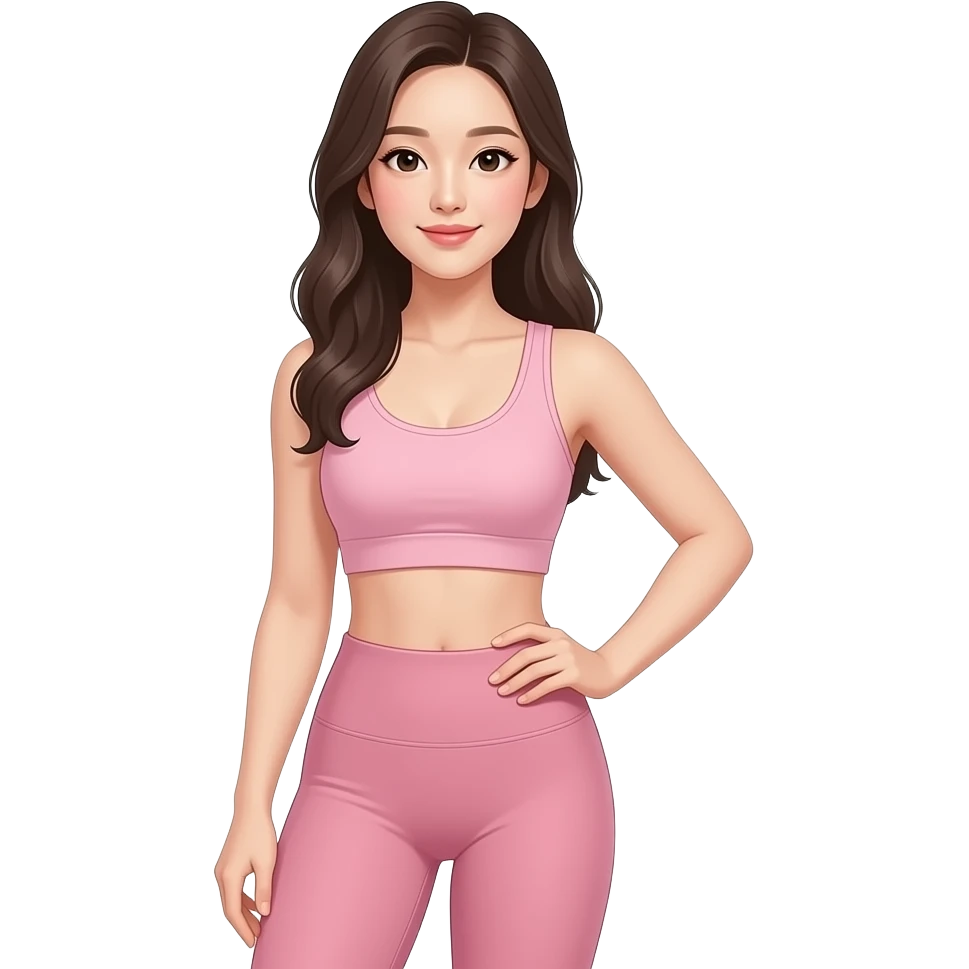 연분홍 요가복을 입은 몸매가 좋은 한국 여자가 허리에 손을 올리고 자신감 있는 표정을 짓고 있다 emoji