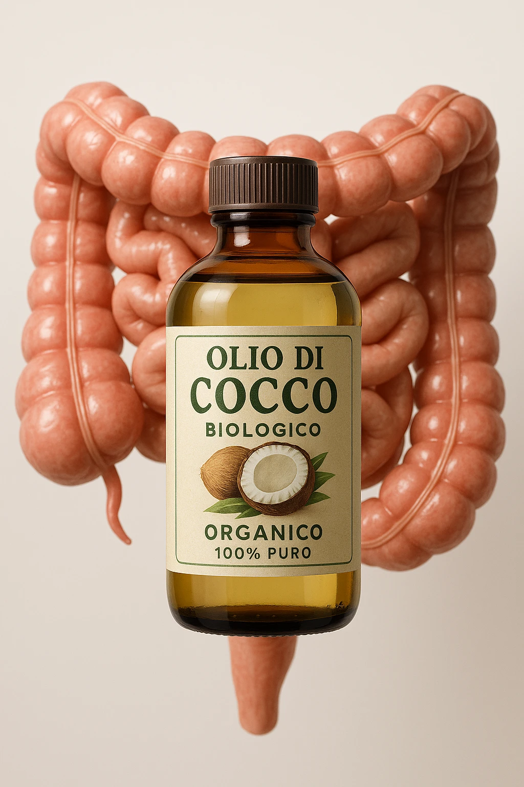 BOCCETTA DI OLIO DI COCCO BIOLOGICO (FAI UN ETICHETTA SUL PRODOTTO IN ITALIANO) CHE FLUTTUA IN ARIA DAVANTI A UN INTESTINO UMANO ANATOMICO IN PERFETTA SALUTE, SFONDO CHIARO, iperrealistico 4k emoji