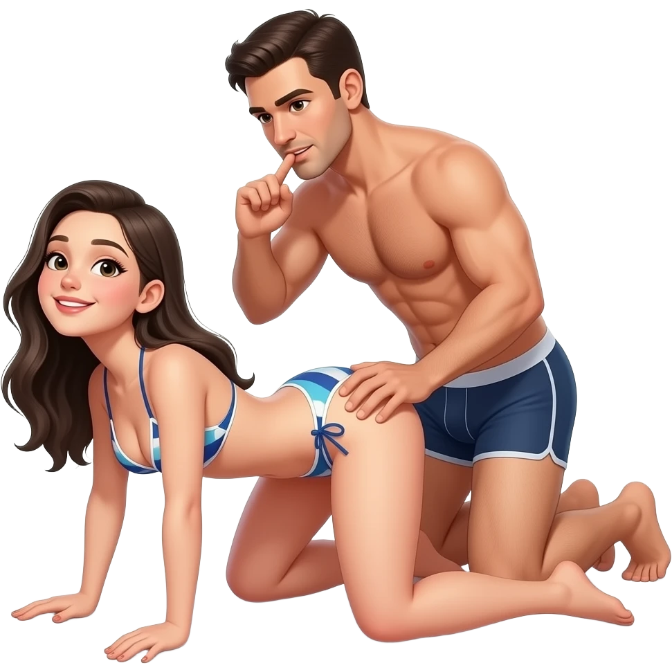 fille à quatre pattes en bikini la tête en arrière,jambes écartées avec un homme en slip derrière elle contre ses fesses avec une main sur la hanche de la femme et l’autre main qui met un doigt dans la bouche de la femme emoji