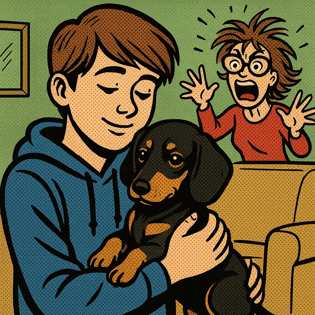 A modern day teenager with brown hair wearing a blue hoodie with a black and tan puppy dachshund in a green living room with a crazy mum with brown hair wearing big glasses in the background emoji