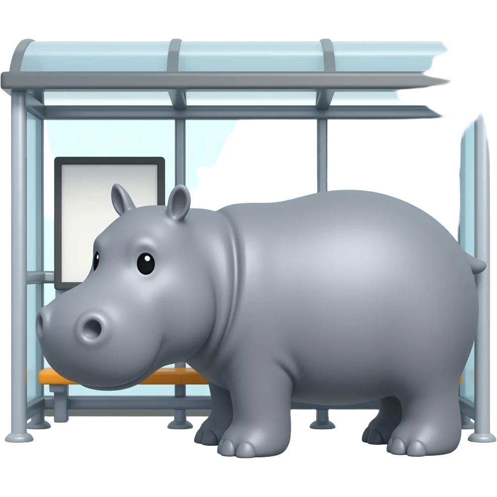 hippo waits for bus to arrive at bus stop. emoji