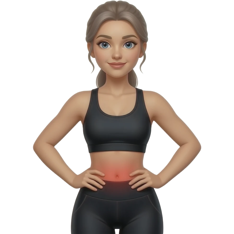 back pain, red glow on lower back, woman with hands on lower back, fair-skinned woman, gray-blue eyes, ash brown brows, ash light brown hair tied back, slim athletic body, black workout set, white background emoji