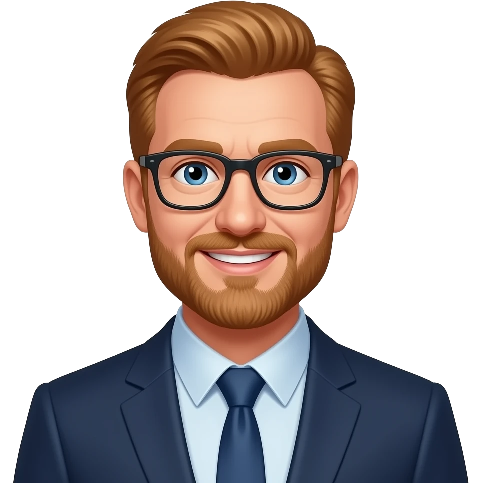 white middle-aged man with short ginger hair. blue eyes. beard. glasses. smiling. wearing a suit. emoji