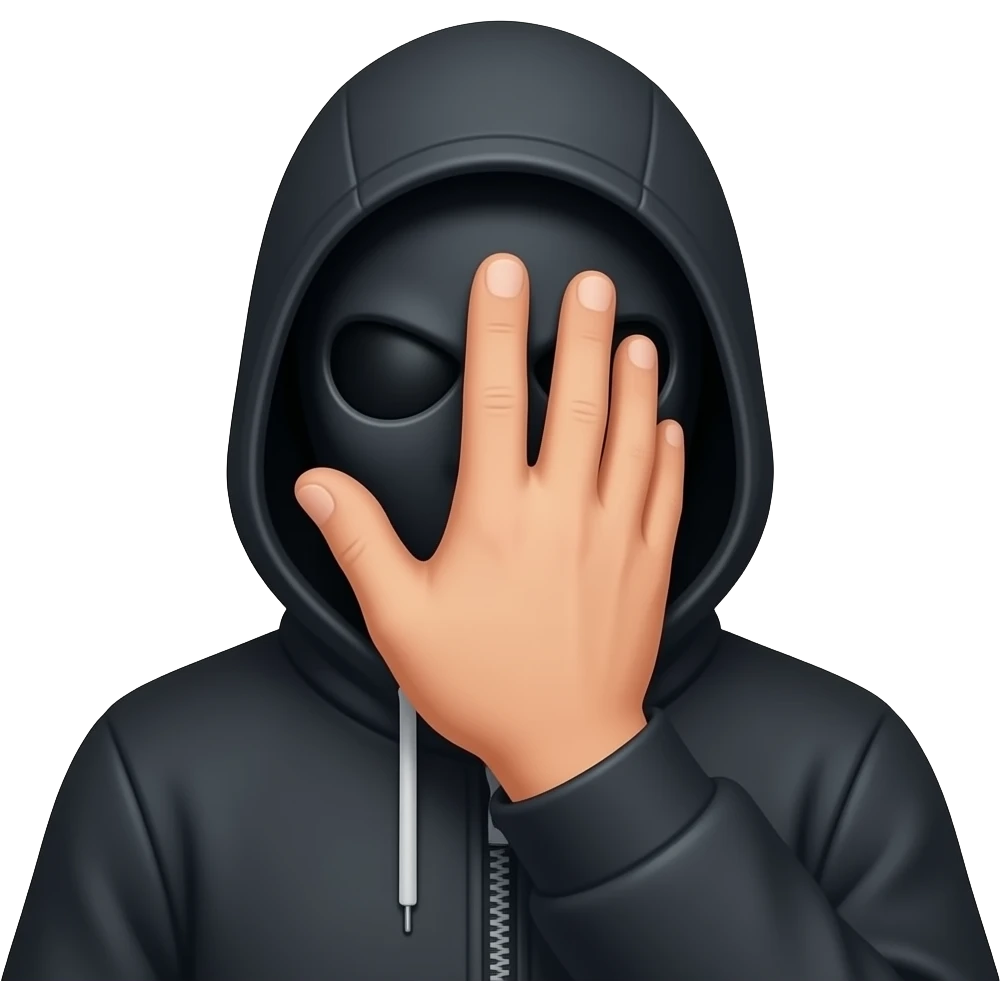 Homem vestido com máscara de hacker de preto tampando a cara com uma mao, com a mão no meio da cara emoji