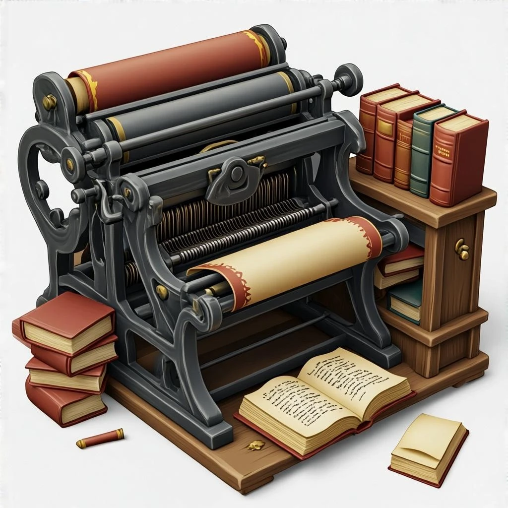 Первый книгопечатный станок в рисованном 3d стиле, прозрачный фон emoji