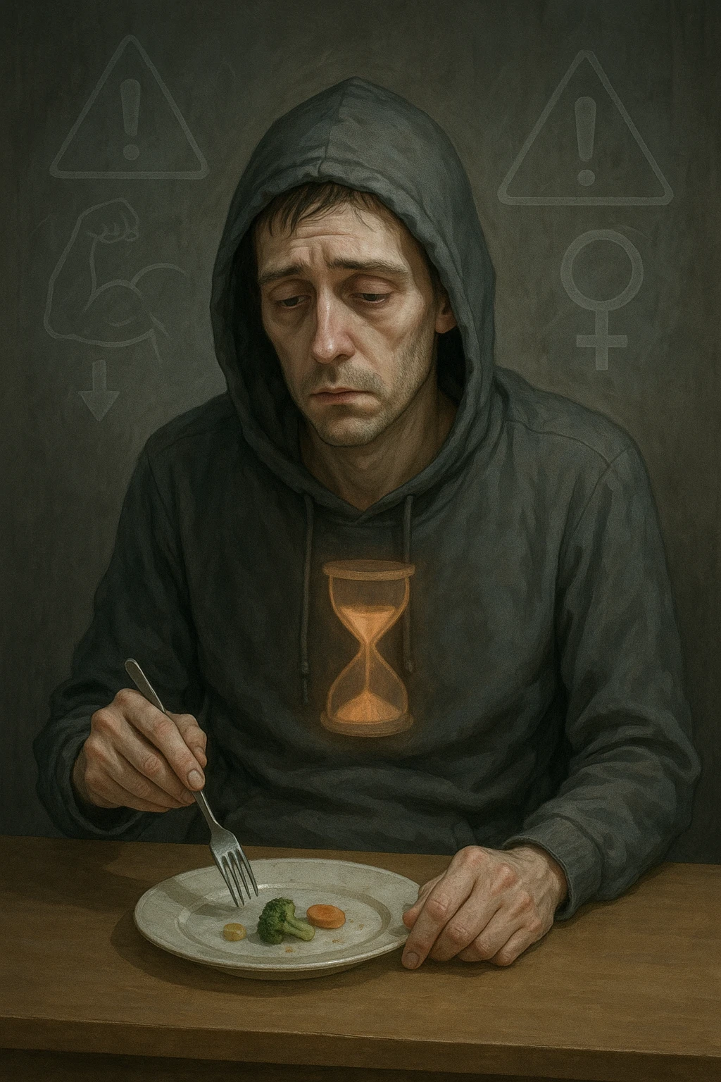 Undereating man in his 30s sitting at a table with a very small meal, looking fatigued and cold, wearing a hoodie indoors. His body appears skinny but soft, lacking muscle tone. Pale complexion, tired eyes, posture slouched. A faint hourglass inside his body glows dimly, symbolizing slowed metabolism. In the background, warning signs or ghostly outlines of potential health risks like muscle loss and hormonal imbalance. Mood: somber, undernourished, risky behavior. emoji