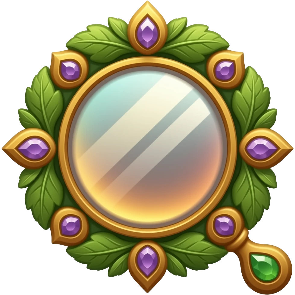 An ornate hand mirror in emerald green and warm amber-gold, with an intricately carved frame of leaves and petals, soft violet jewel accents, and a luminous magical reflection, rendered in a sophisticated botanical fantasy style. emoji