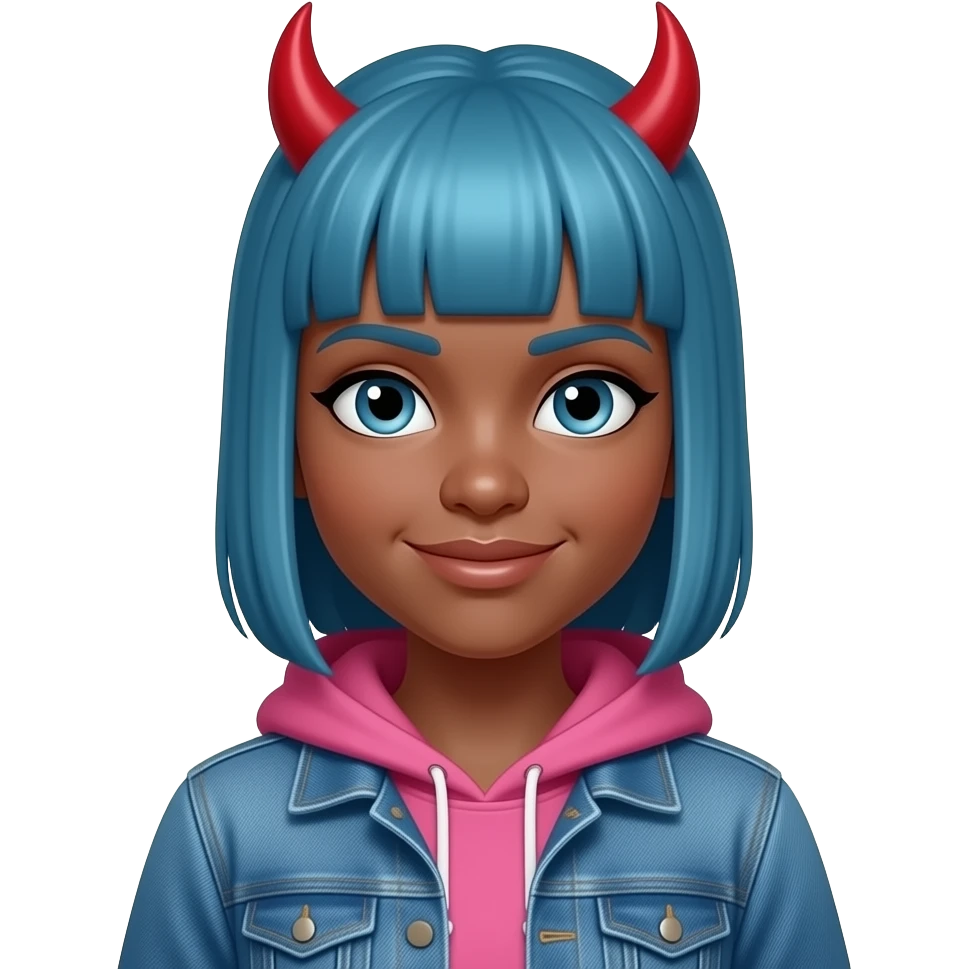 girl with dark sking and blue striaght hairs devil with red devil horns and wear a pink jeans hoodie emoji
