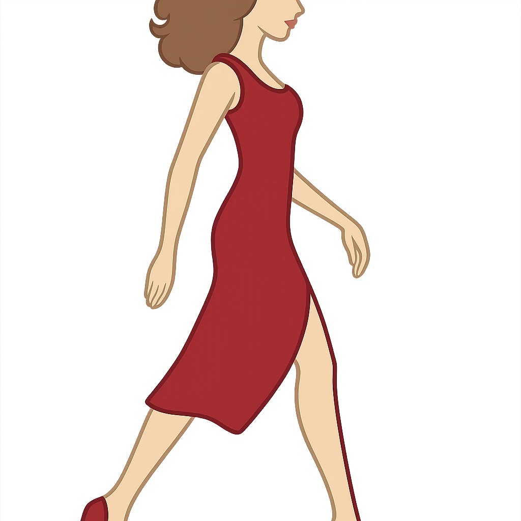 Create an image of the same girl from the reference images with the same appearance, hairstyle, red dress, and shoes in the exact pose as the sketch: left arm down, right arm bent, left leg supporting, right leg bent backward. Keep the style and color consistent with the references. The background should be transparent. The entire figure should be fully in frame without any body parts cropped. emoji
