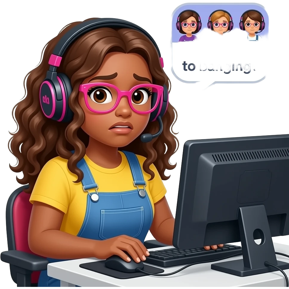 A curvy tan woman with long curly hair and pink glasses, wearing overalls and a yellow shirt, looking straight at the viewer, wearing a gaming headset,sitting at her computer, looking anxious, speech bubble saying "let's go to banging?" And some floating avatars of people in gaming headsets emoji