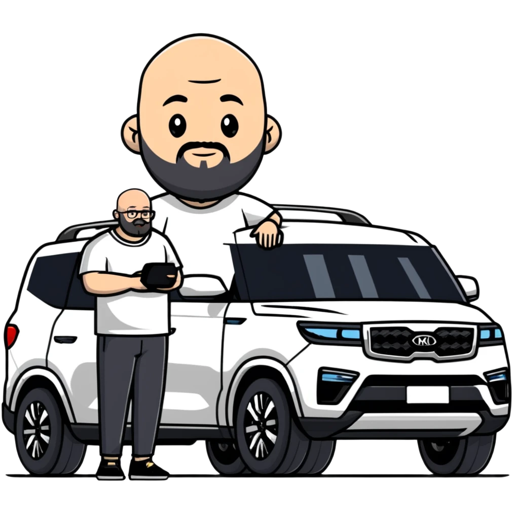 bald man with beard standing next to a white Kia Mohave SUV emoji