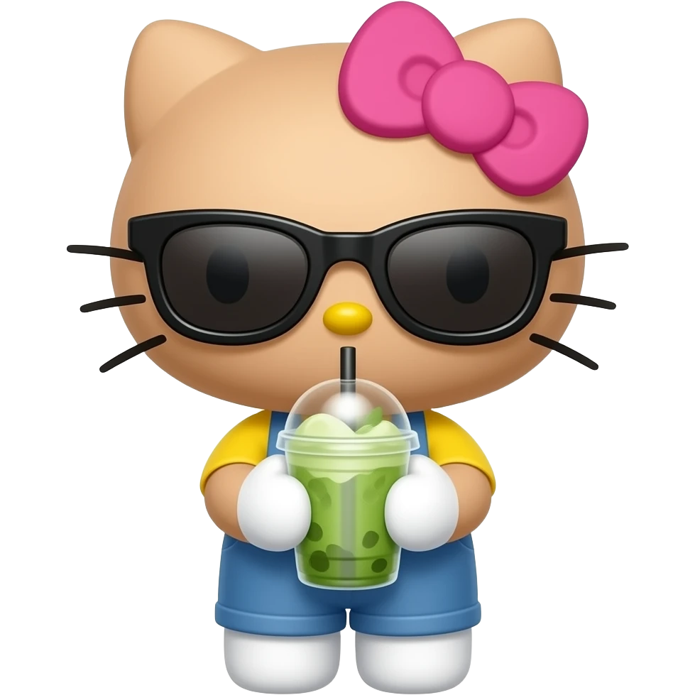 Hello kitty with tanned skin, holding iced matcha latte, wearing car-eye sunglasses emoji