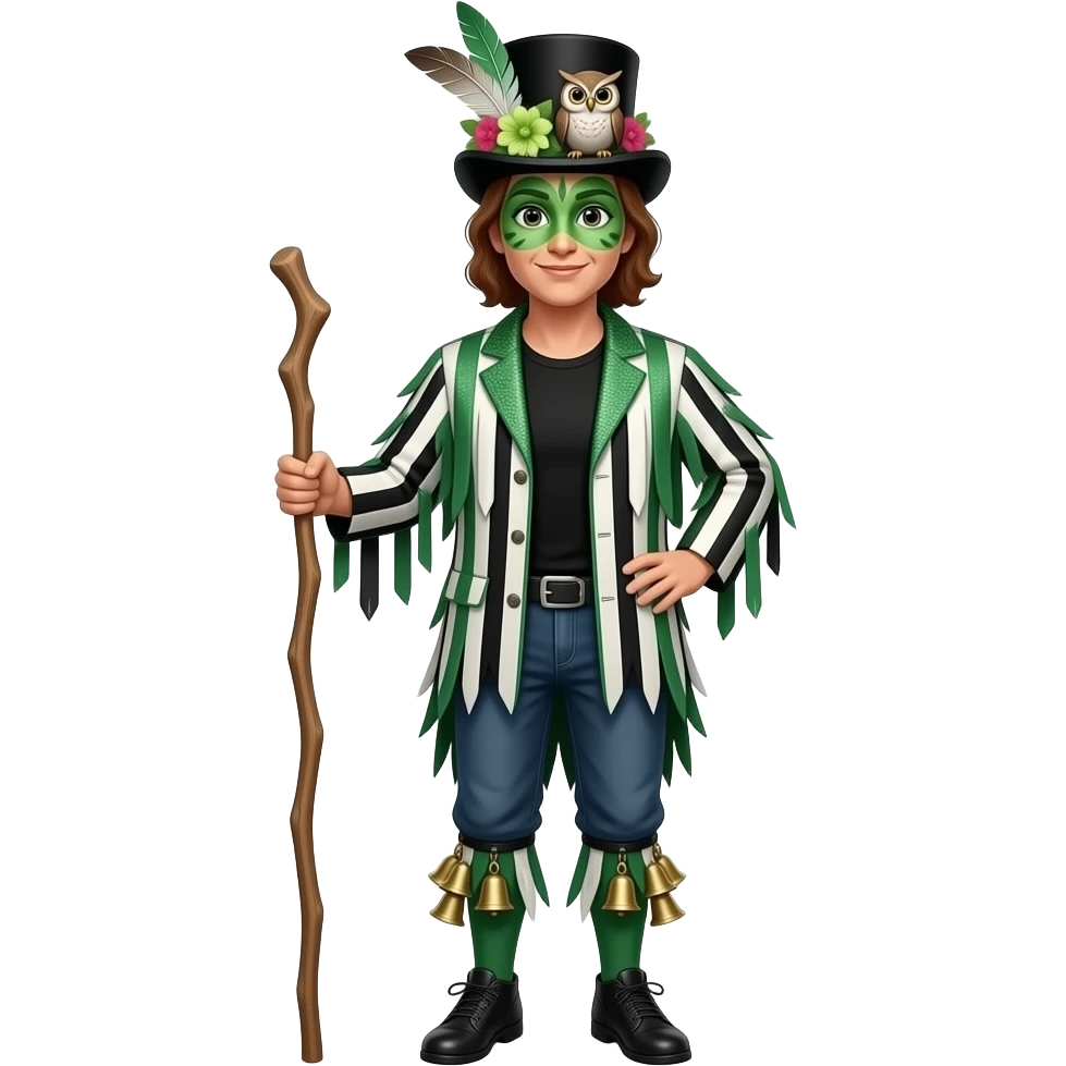 A Female Morris dancers carrying a stick with a ragged jacket in black white and green stripes with the occasional piece of sparkly fabric. A black tshirt. A top hat decorated with lots of feathers flowers and an owl. green face paint that looks like an owl. Bells below the knees emoji