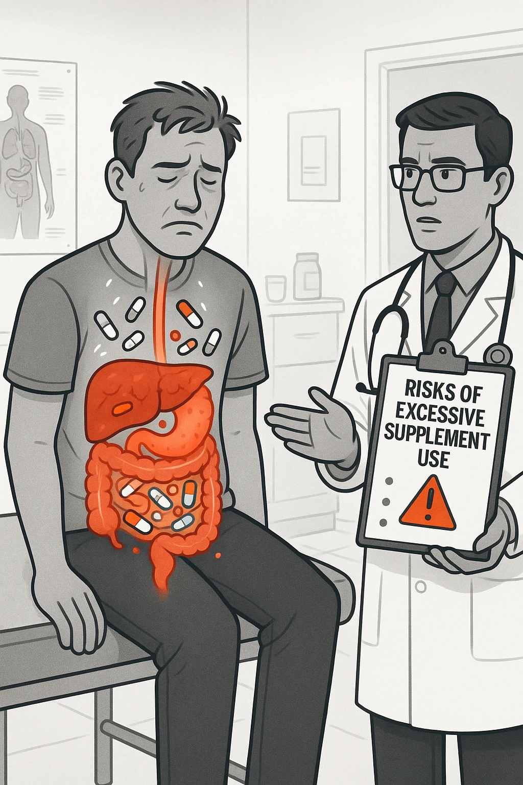 a man sits on a doctor’s examination table, looking fatigued and uncomfortable. A transparent anatomical overlay reveals his liver and intestines, both appearing inflamed and congested, with stylized supplement capsules and pills scattered throughout the digestive tract. The doctor stands nearby, holding a chart that highlights the risks of excessive supplement use. The mood is clinical and educational. emoji