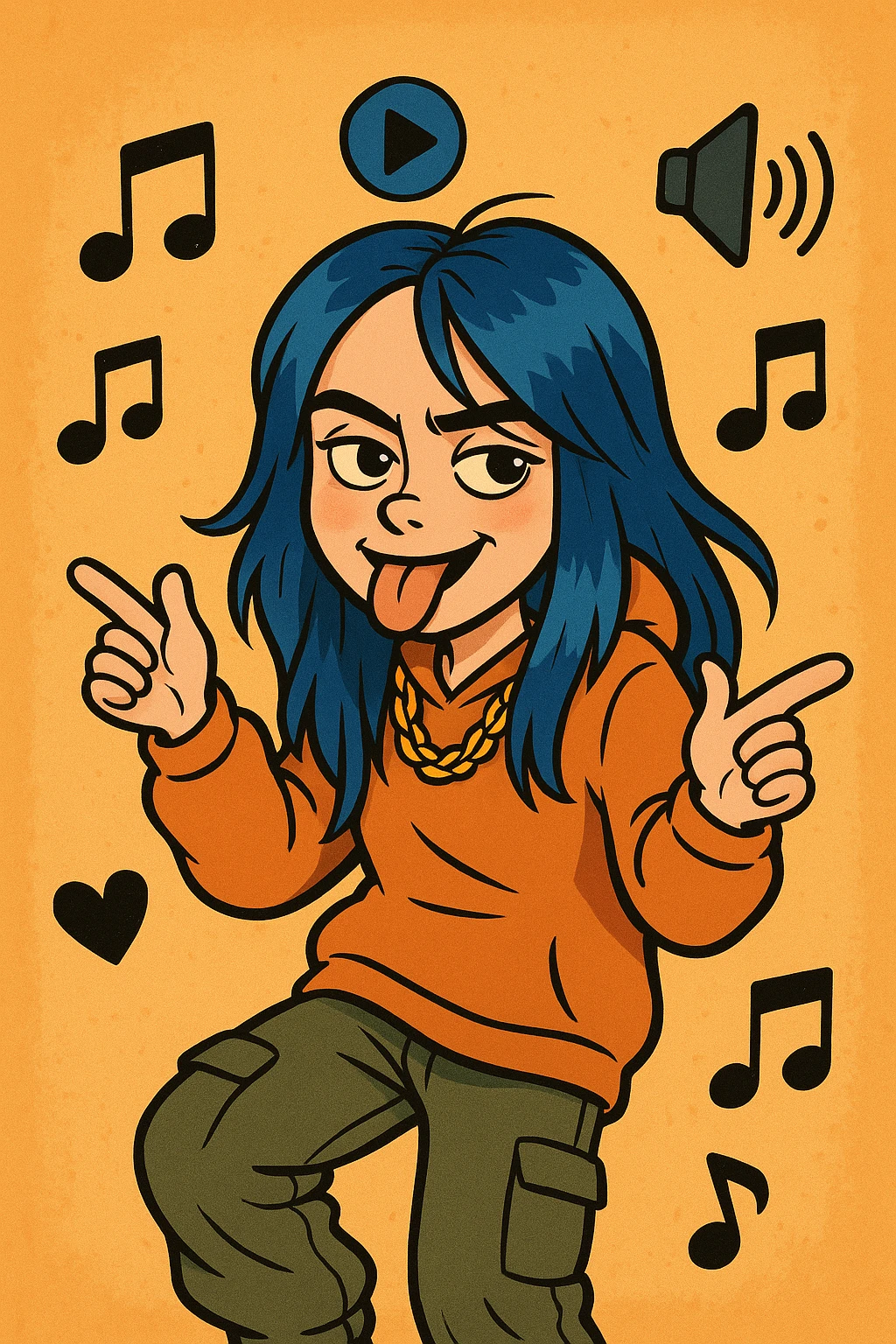 cartoon style portrait of Billie Eilish with blue hair, baggy clothes, playful pose, music icon emoji