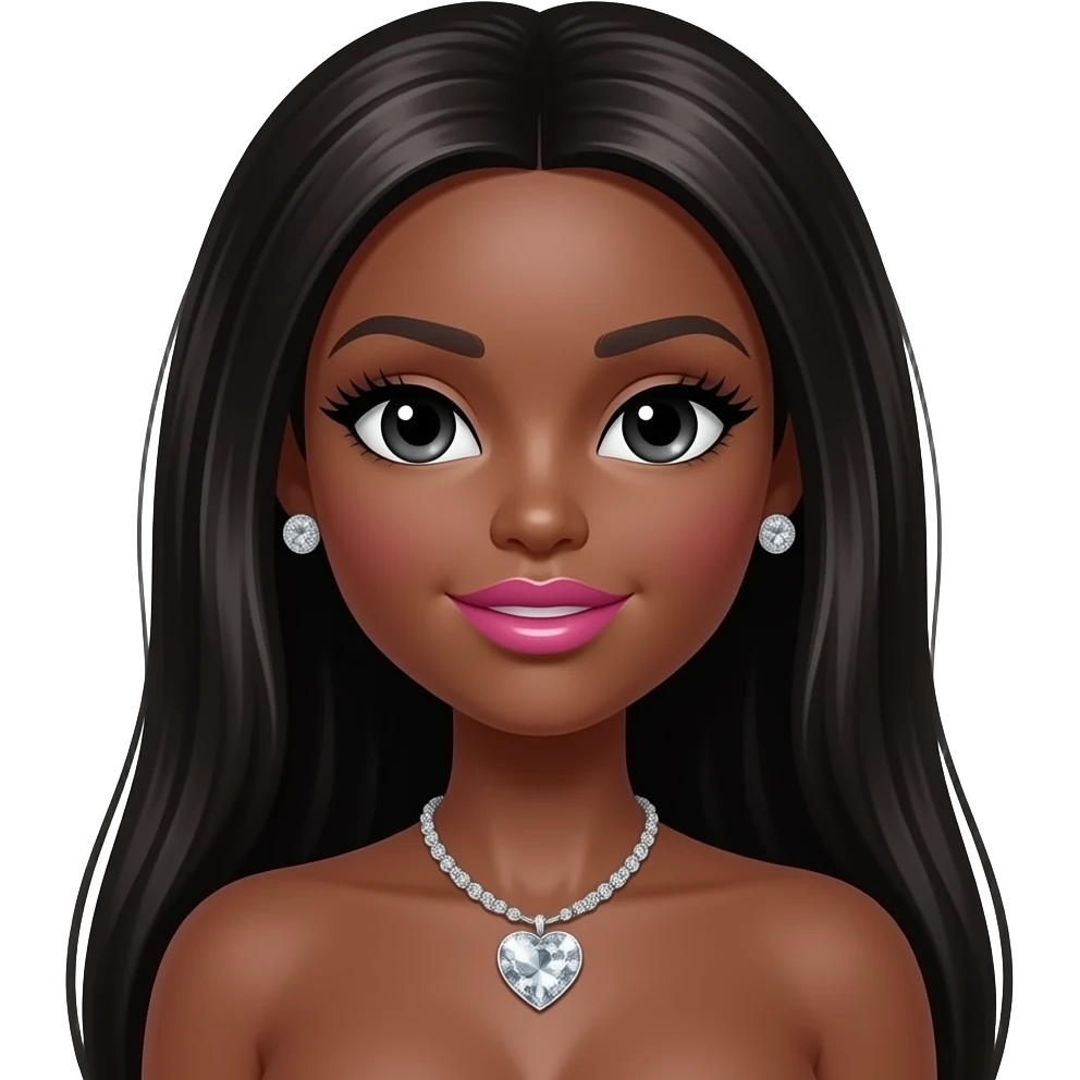 Black girl, Pink big lips, black doll eyes, dark brown skin, Long giant lashes,Doll faced shaped, silver Swarovski heart necklace, big diamond earrings studs, bimbo, black doll eyes, barbie, darker brown skin with long curly blonde hair, big breast, no bra emoji