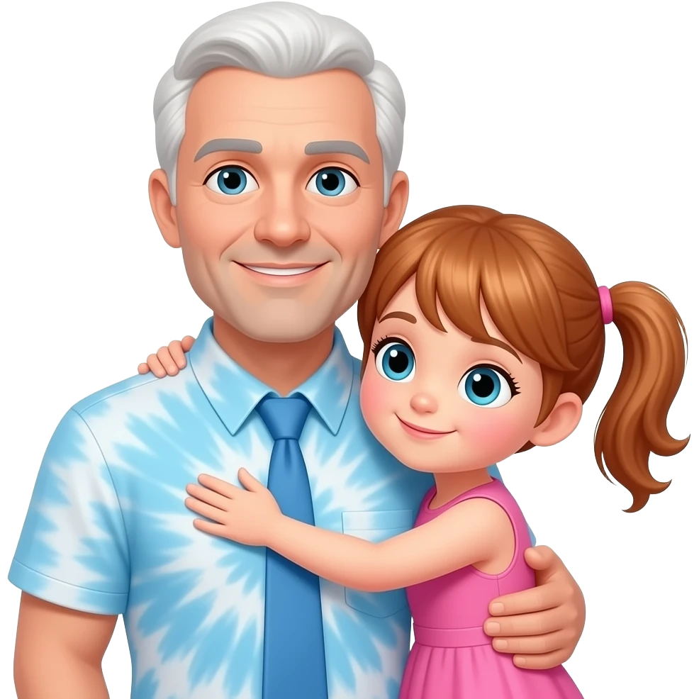 Auburn haired girl child with twin ponytails wearing a pink dress hugging balding white haired adult father wearing a light blue tye dye shirt emoji