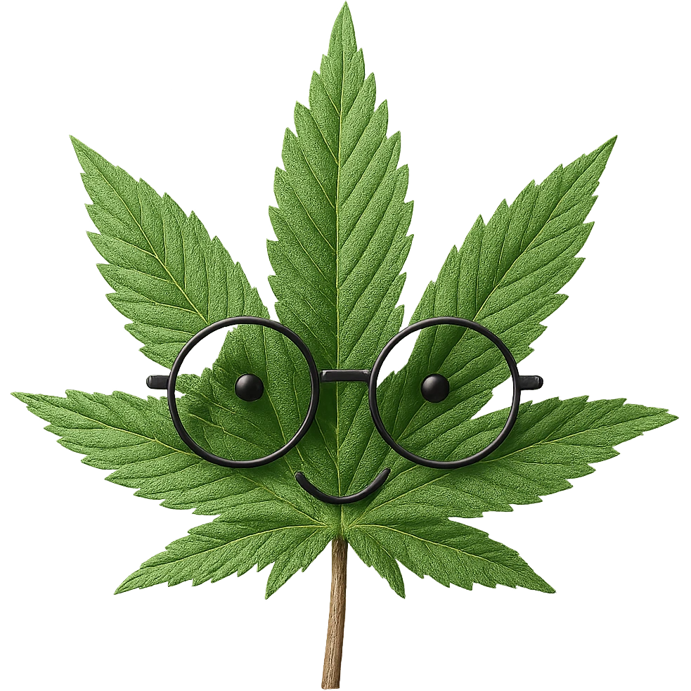 Make this weed leaf with glasses look more realistic, keep the glasses, and maintain no background. The style should be realistic with natural textures and details on the leaf and glasses. emoji