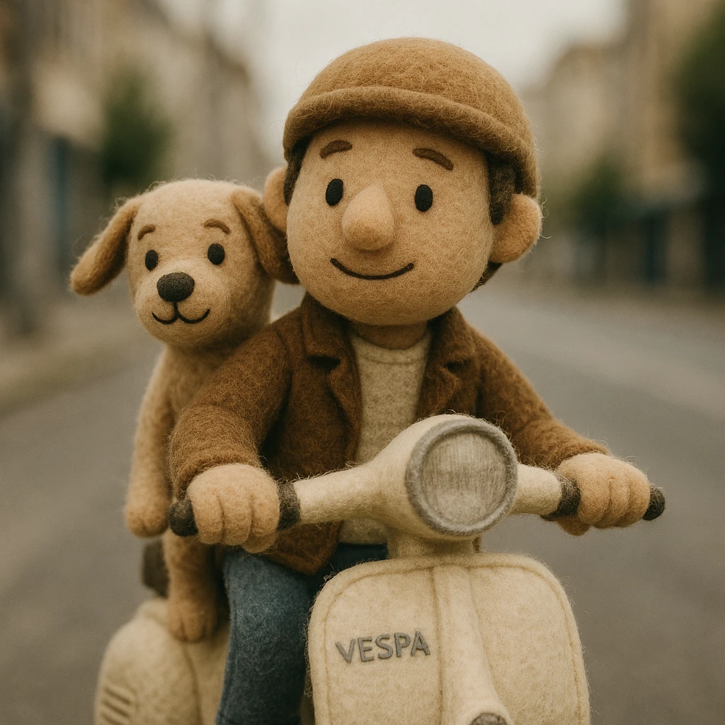 man and his pet dog riding a vespa emoji