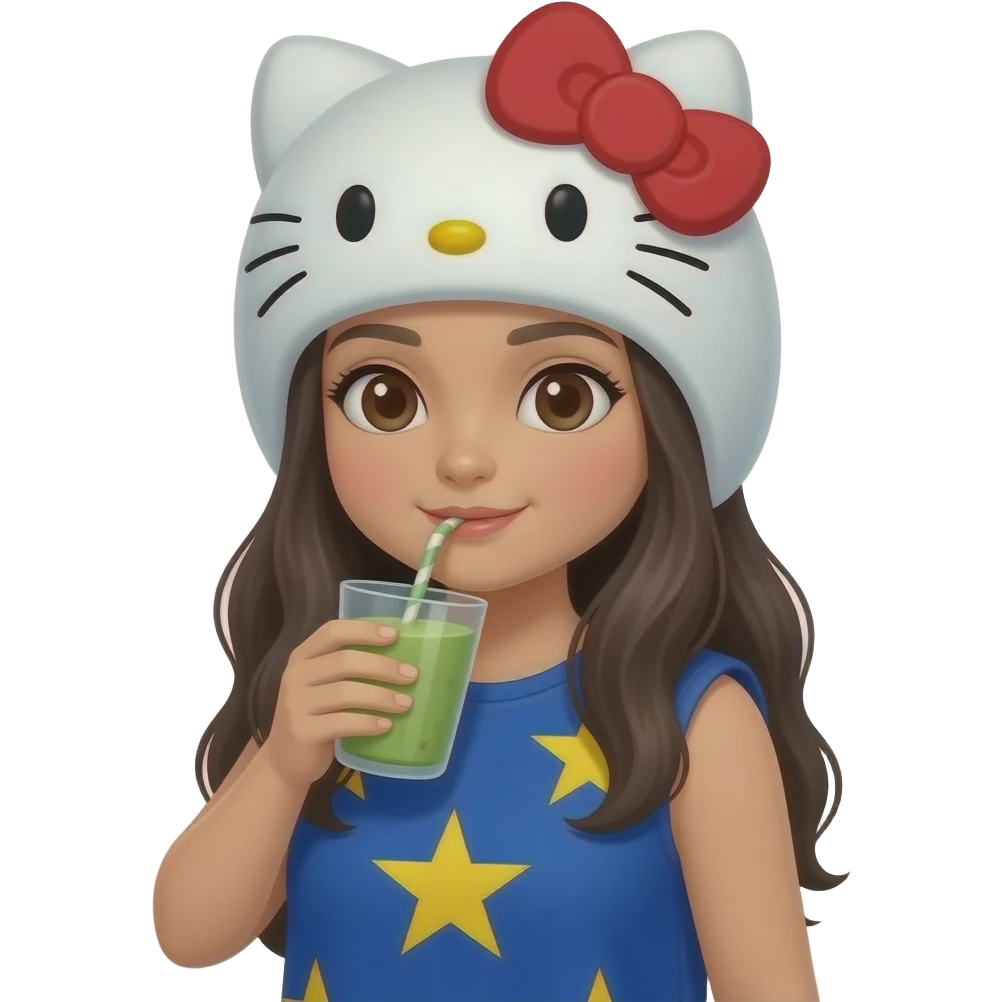 Filipina with long hair Hello kitty drinking hot matcha emoji