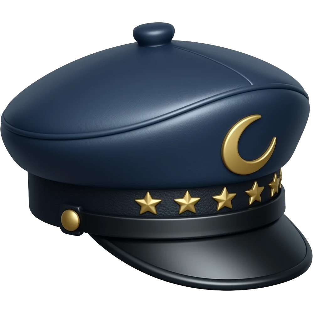 Dark navy-indigo leather Dommy Kepi hat with gold stars and a gold crescent on the side emoji