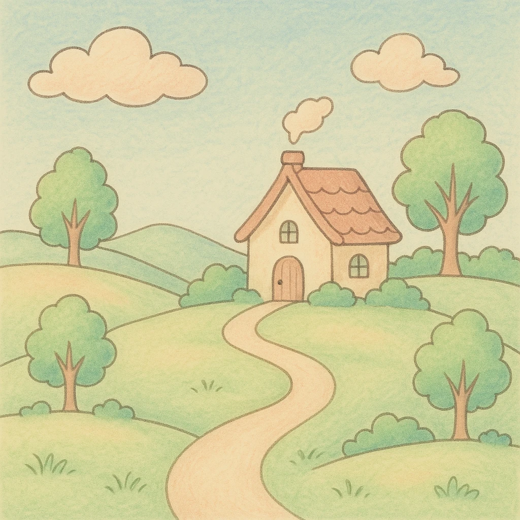 simple landscape inspired by coloring book drawings, in the style of Bobbie Goods and Cuzy, ghibli style emoji