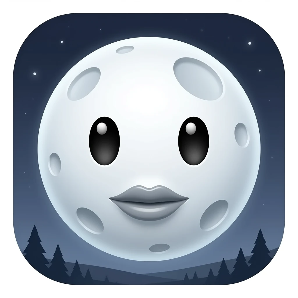 planet Moon with a cartoon kind face with small feminine eyes and round craters for the moon. gray moon colored lips emoji