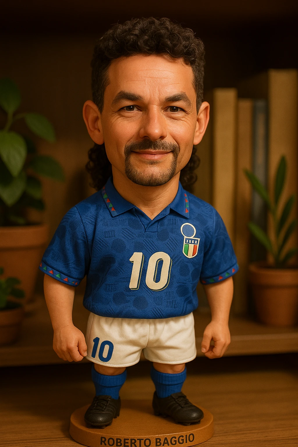 Роберто Банджо в форме сборной Италии 1994 смотрит на прямо на зрителя и слегка улыбается, освещение с левой верхней стороны кадра emoji