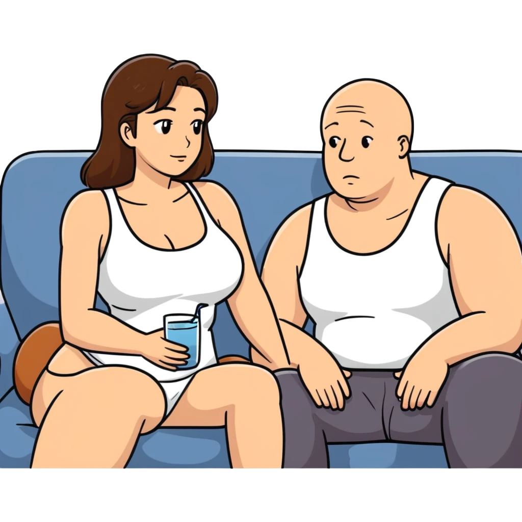  One Caucasia woman with brown hair and big boobs,  a tank top with white fluid on breasts sitting on couch with bald man emoji
