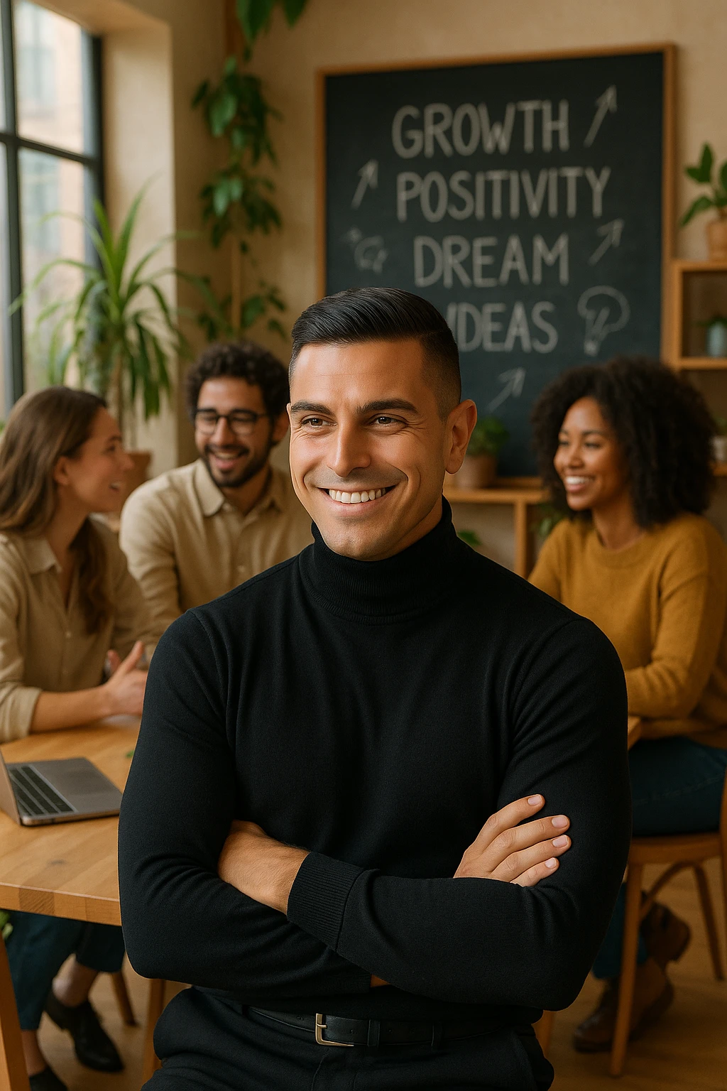 A confident man sitting in a cozy, modern coworking space, surrounded by positive, driven people engaged in creative conversation. He listens, learns, and occasionally smiles, visibly elevated by their presence. Behind him, a chalkboard or whiteboard with empowering words and ideas. The environment is filled with natural light, plants, and soft wooden textures. The atmosphere suggests emotional growth, support, and personal development. emoji