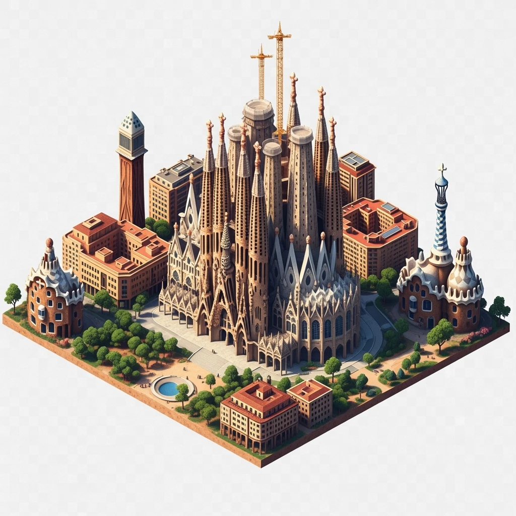 Isometric illustration of Barcelona, featuring Sagrada Familia with intricate spires, highly detailed in semi-realistic style, balanced between stylized and realistic, 3D miniature effect, transparent background. emoji