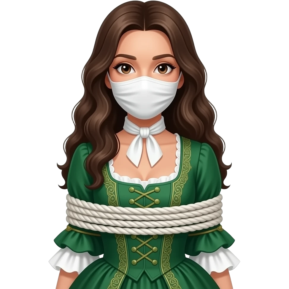 Brunette woman in emerald green 1770s gown with long flowing hair, gagged and bound with white silk rope and white handkerchief  to a post like illustration from The Highwayman poem by Alfred Noyes. No chains or white facemask. emoji